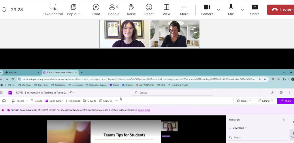 Evelyn and Elan in an MS Teams Meeting, with Evelyn screensharing a video